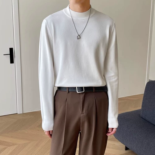 Мужской демисезонный цветной базовый трендовый трикотажный свитер для отдыха, высокий воротник, в корейском стиле