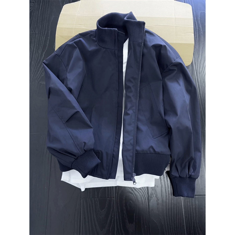 Navy Blue Stand-Up Collar Bomber Jacket for Men, Spring Wear, American Style Short Workwear Jacket, Baseball Jacket