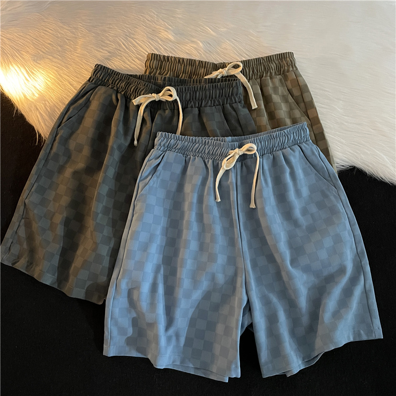 Japanese Retro Washed Checkerboard Sports Shorts for Men, Loose Straight-Leg Five-Point Elastic Waist Drawstring Wide-Leg Mid-Length Pants
