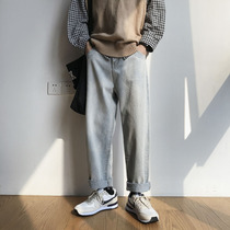 Spring and autumn new ulzzang loose jeans mens retro wide leg straight pants Korean student trousers