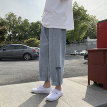 Summer tide brand ins retro wide-leg ripped jeans mens loose Korean version of the youth thin section straight casual pants