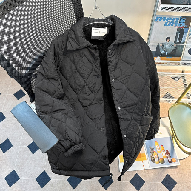 Black rhombus lapel down jacket for men and women winter quilted thickened casual loose lamb velvet cotton jacket
