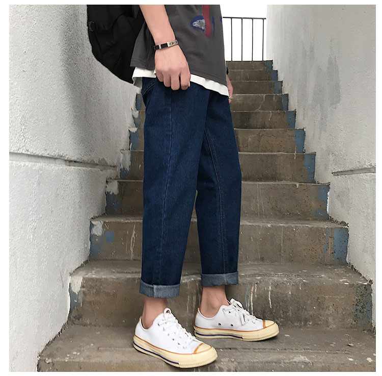 Mùa hè mới của nam Hàn Quốc 2019 quần jeans bến cảng màu rắn thẳng quần harem lỏng lẻo quần âu - Crop Jeans quần âu nam