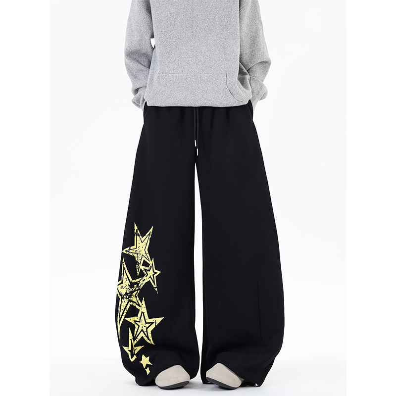 American-Style Star Print Sweatpants for Men and Women, Flared High Street Hip-Hop Floor-Length Curved Pants, Loose and Casual