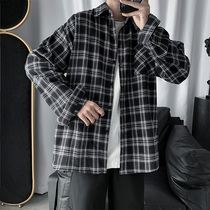 Spring black and white plaid shirt mens trend Hong Kong flavor ins super hot tide brand loose long-sleeved lapel shirt mens jacket