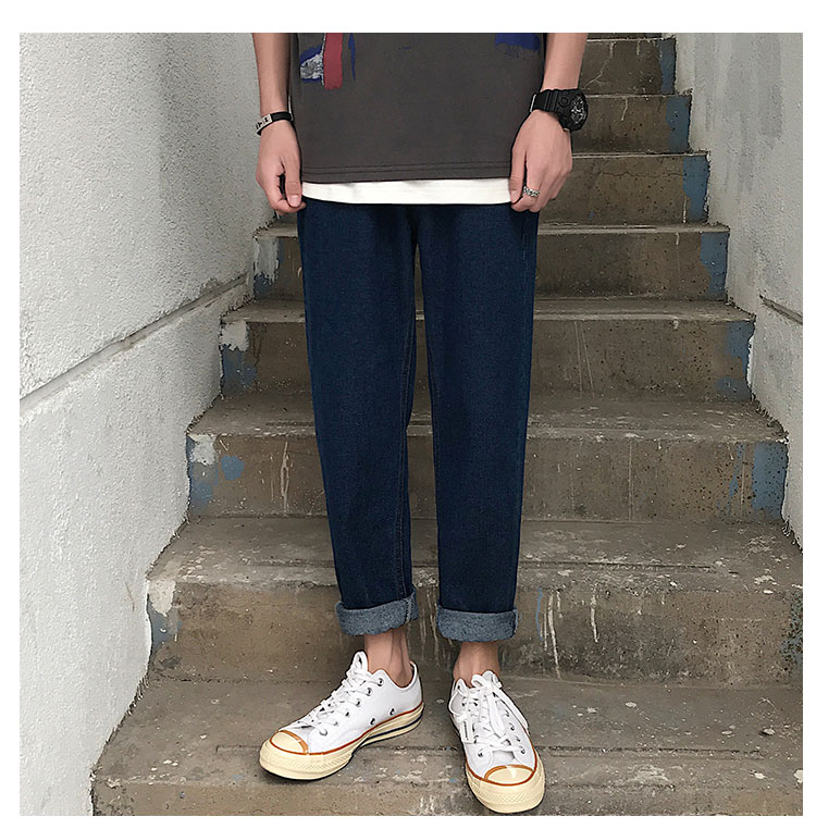 Mùa hè mới của nam Hàn Quốc 2019 quần jeans bến cảng màu rắn thẳng quần harem lỏng lẻo quần âu - Crop Jeans quần âu nam
