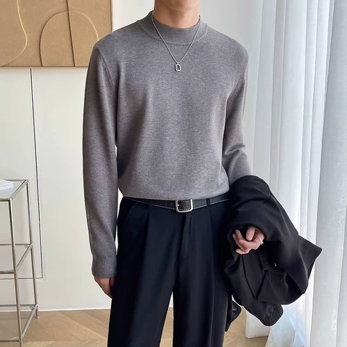 Мужской демисезонный цветной базовый трендовый трикотажный свитер для отдыха, высокий воротник, в корейском стиле