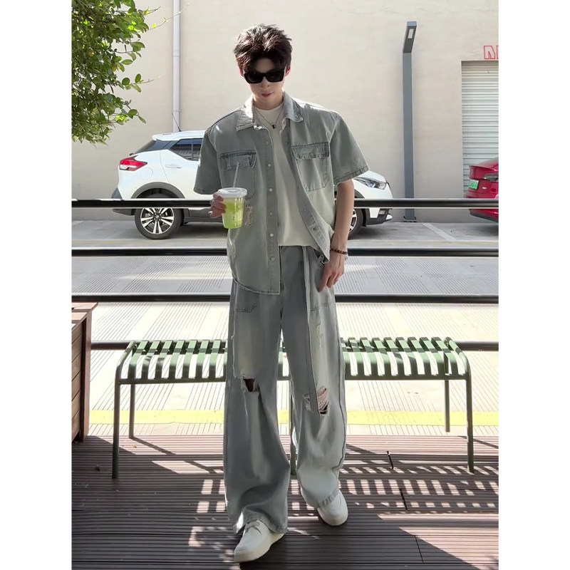 Washed Blue Short-Sleeved Denim Shirt Men's American-Style Ripped Straight-Leg Denim Pants Set Cool and Stylish Outfit Complete Set
