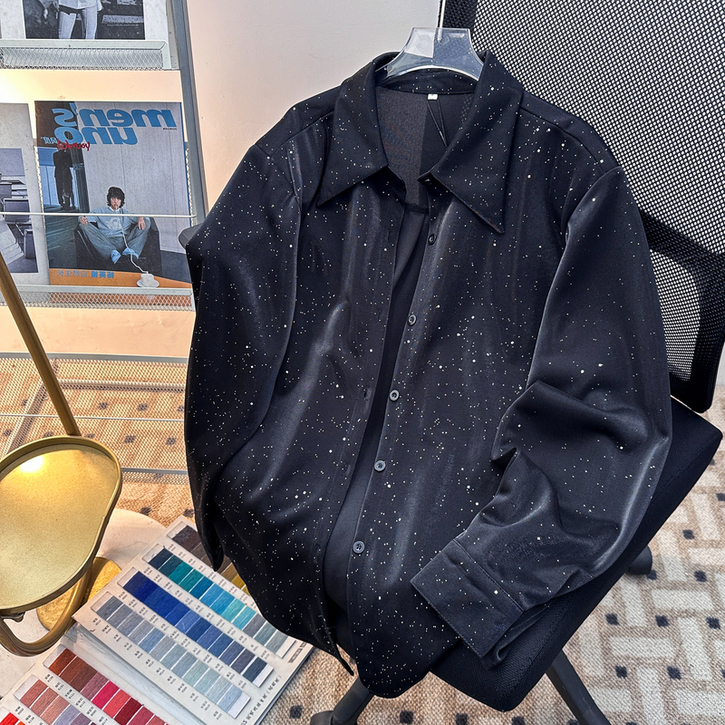 Light Luxury Style Sequin Starry Sky Long-Sleeve Shirt for Men, Spring High-End Feel, ins Trendy Casual Breathable Shirt for Outerwear