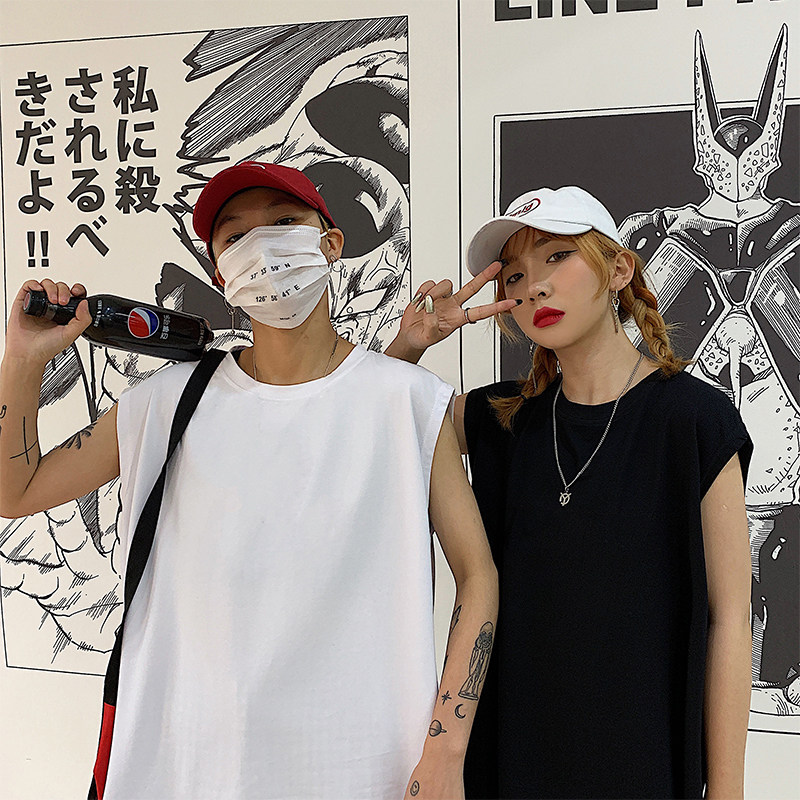 2022 Sleeveless Vest Men And Women Lovers Han Prints trendy original Cebu Loose Pure Color Kan Shoulder 100 hitch Sport T-shirt