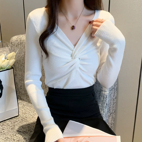 Осенний приталенный лонгслив, зимний свитер, коллекция 2021, V-образный вырез, по фигуре