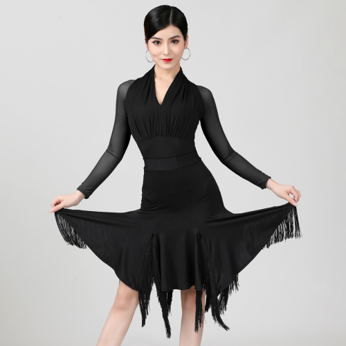 Women's latin dance dresses Latin Dance Skirt Adult Women&apos;s half length performance encryption tassel sexy cross slit stitching large swing skirt