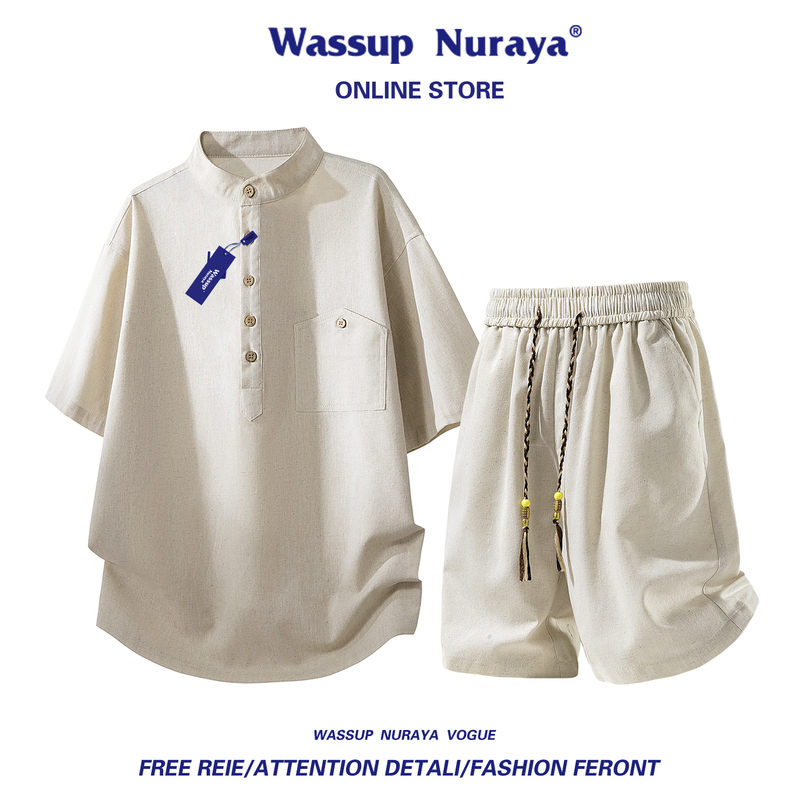 Wassup Linen Short-Sleeved Suit Men's Summer T-Shirt Loose Sports Casual Ice Silk Thin Shorts Two-Piece Set