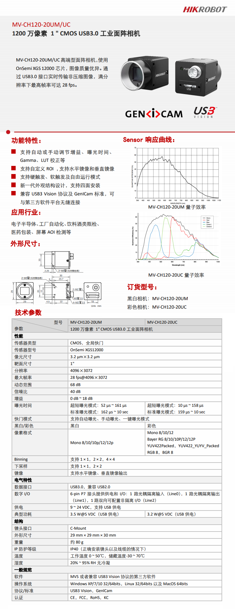 Промышленные Камеры/Видеокамеры 海康威视工业面阵相机1200万1"cmos全局usb3.0  mv-ch120-20uc/um HIKVISION