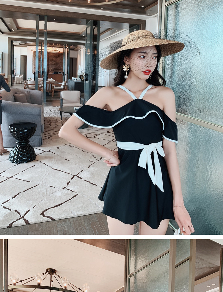 Áo tắm nữ 2018 mới đính liền che bụng đi nghỉ mát bên vai gợi cảm mùa xuân nóng bỏng thời trang đồ bơi xù - Bộ đồ bơi One Piece bikini liền thân màu đen