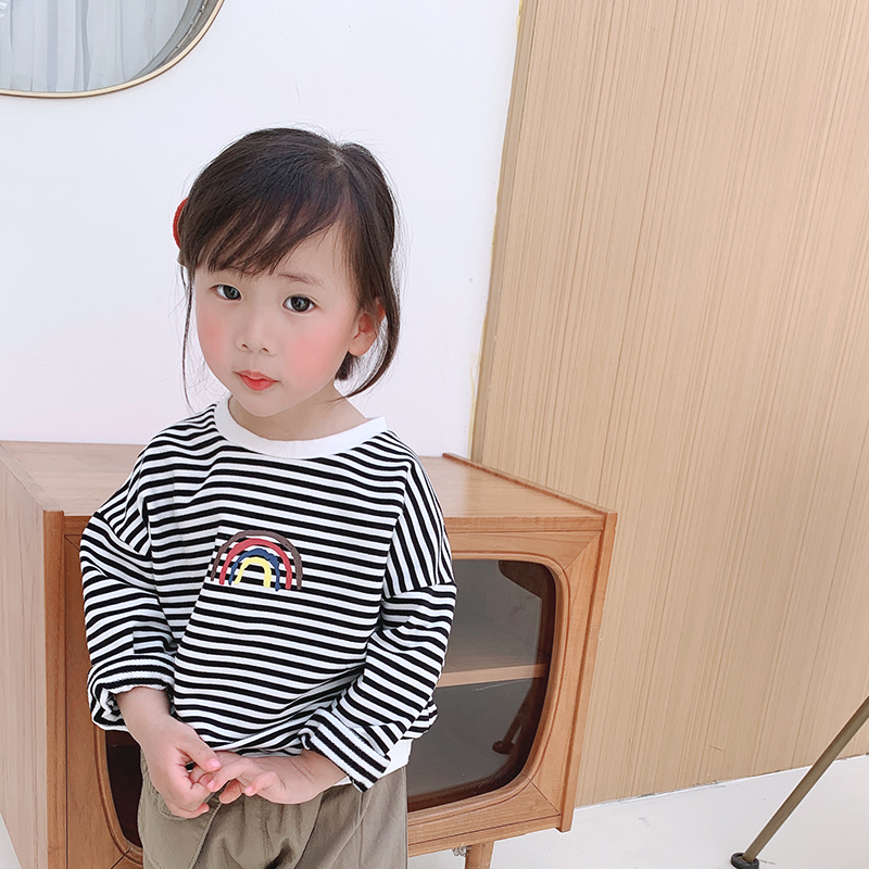 Children T-shirt Long sleeves Chauded pure cotton striped loose Korean version of the undershirt 3 girl net red blouse boy dress