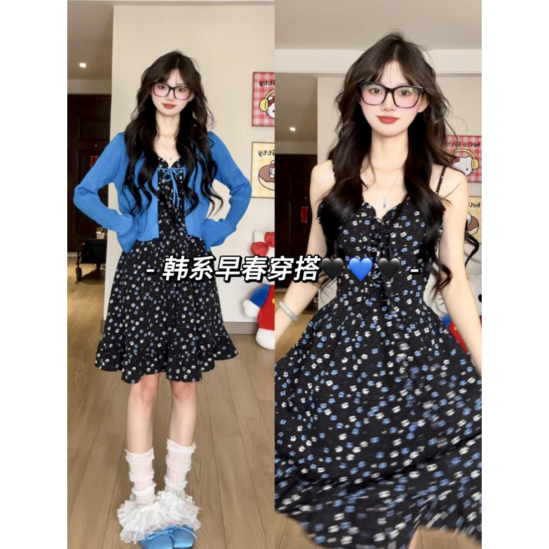 Beach Vacation Style Black Floral Suspender Dress for Women, Summer 2026 New Style, Stunning and Beautiful Waist-Cinching Beach Dress