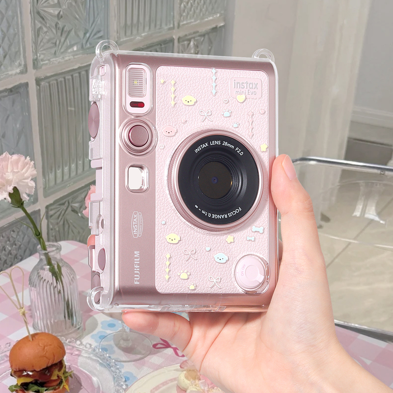 Suitable for Fuji Minievo Protective Case, Instant Camera Protective Cover, Instax Mini Evo Transparent Case, Crystal Case, Instant Camera Shell, Mini Evo Lens Cover, Pink Tempered Film Accessories