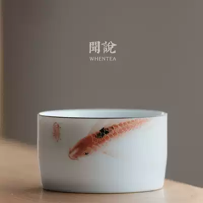 Wen said) Jingdezhen pure hand-painted fish drama teacup glazed sheep fat white handmade tea cup painting process