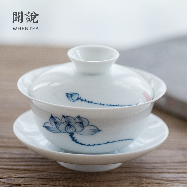 Smell said) pure hand-painted lotus bowl high-gloss white porcelain Thin tire three-hand tea bowl underglaze color