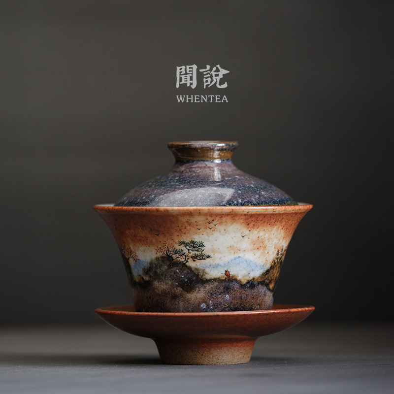 Smelled) Fire Cloud Sancai Cover Bowl Shino Yaki pure handmade ceramic creative Jingdezhen City hand-painted tea bowl teacup