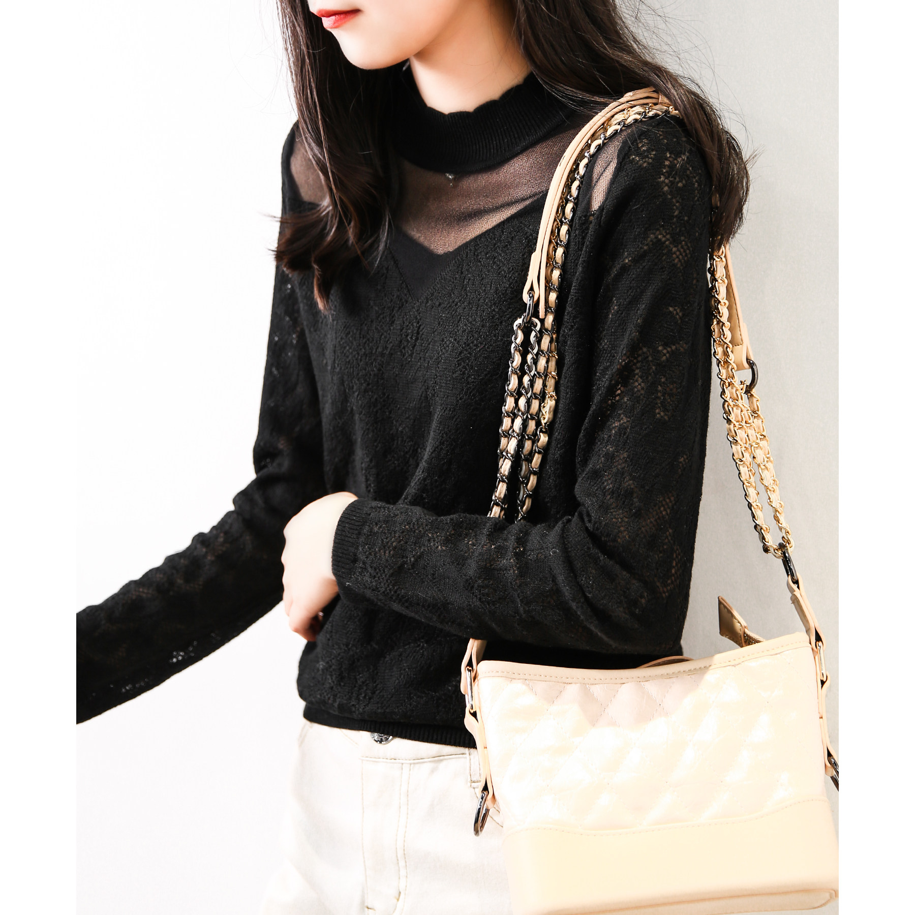 い petal collar jacquard hollow mesh stitching knitted base top MLZY13913