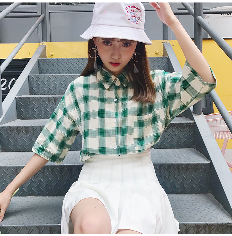 VK旗艦店 韓國學院風格子格紋短袖襯衫短袖上衣