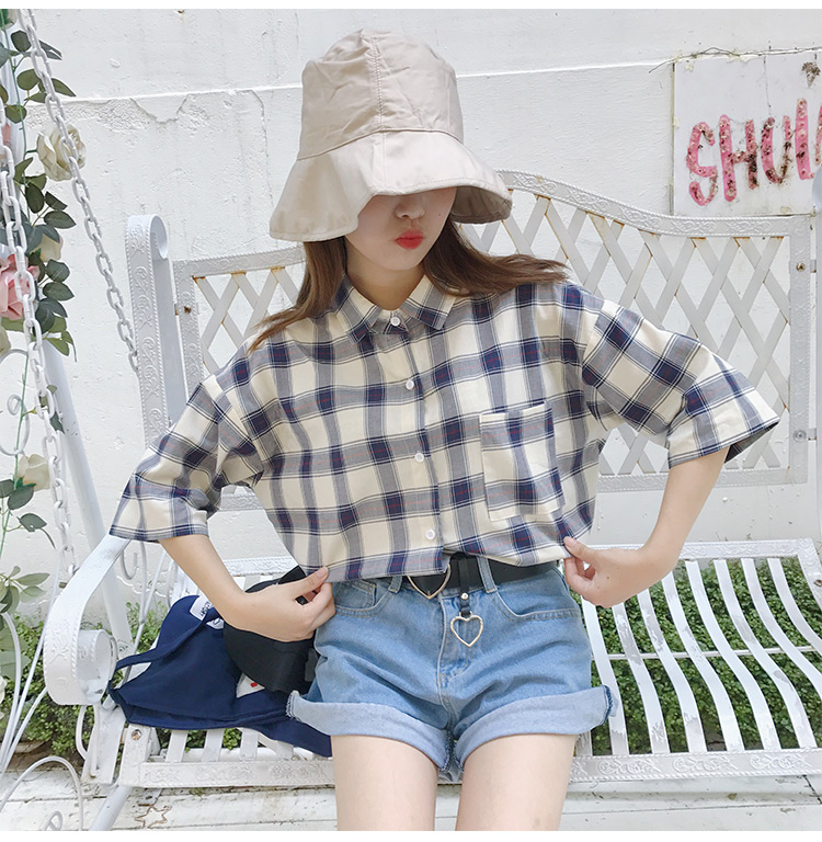 VK旗艦店 韓國學院風格子格紋短袖襯衫短袖上衣