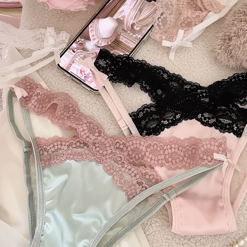 Girly Pink-Green ~ French Rose Pink-Green Hot Girl Pure Desire Lace-Trimmed Bow Sexy Satin Triangle Panties for Women