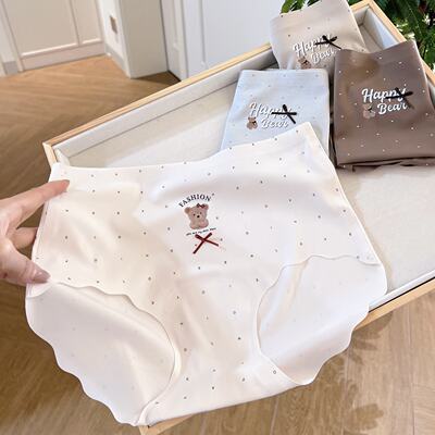 Lucky Little Bear ~ Naked one-piece seamless ice silk underpants with bow, waist bag and small flat corner for women, new style