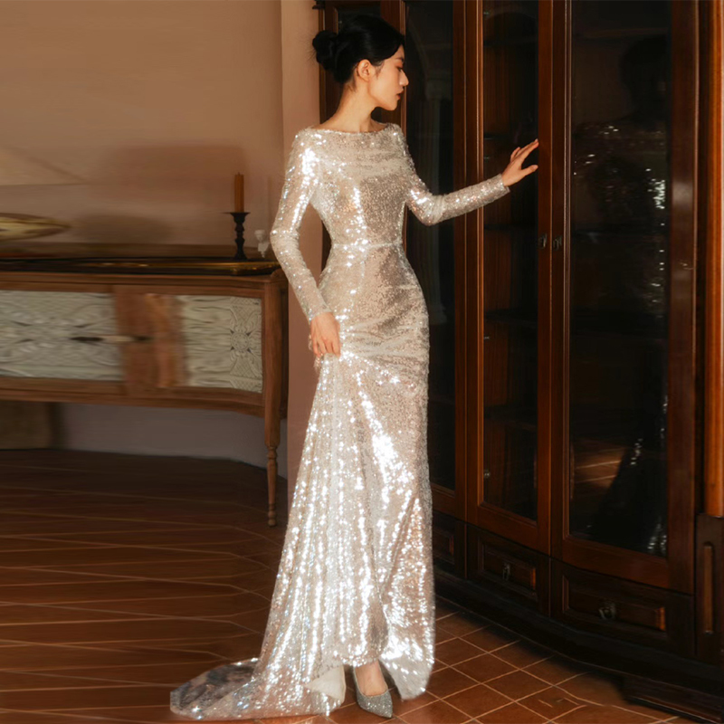 Sparkling Sequin Wedding Dress, Celebrity Style, Host Banquet Long-Sleeve Bride Wedding Reception Evening Dress, Mermaid Style