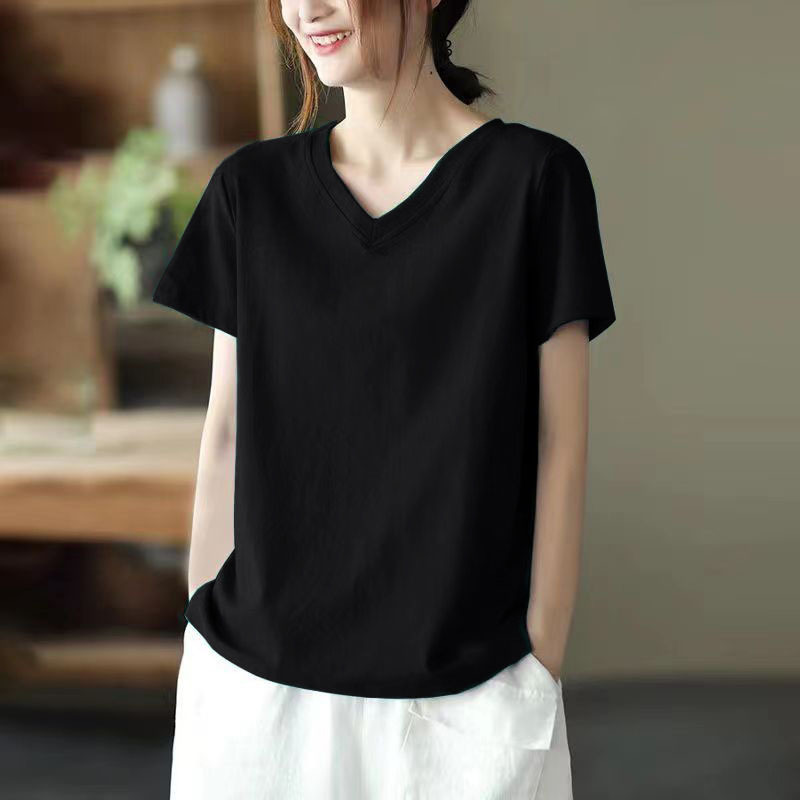 Women's Short-Sleeved T-Shirt with a V-Neck, 2025 Summer New Style, Loose Fit, Plus Size, Design That Covers the Body, Unique Pure Cotton Top