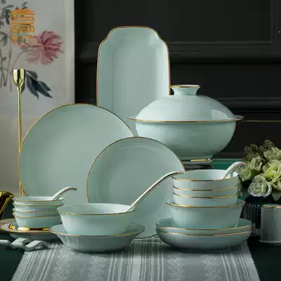 Porcelain Ning Palace high temperature color glaze ceramic tableware Jingdezhen tableware Chinese household dishes set ceramic bowl plate