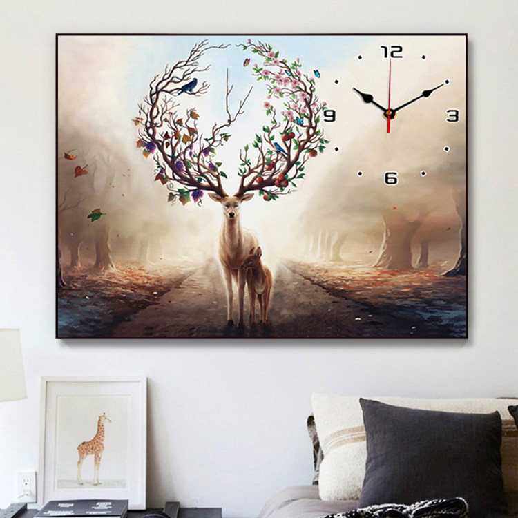 Embroidery new printed cross embroidery line embroidered elk wall clock slightly living room bedroom clock full embroidery simple modern