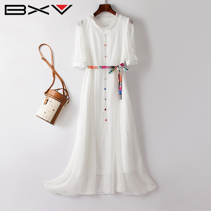 Bxv White Mulberry Silk Dress for Women 2026 Summer New Style Colorful Button Belt Tie Silk Elegant Long Dress