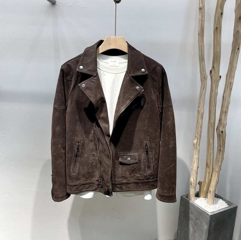 2025 New Esp Lapel Men's Spring and Autumn Leather Jacket Korean Style Slim Fit Diagonal Zipper Placket Suede Biker Jacket