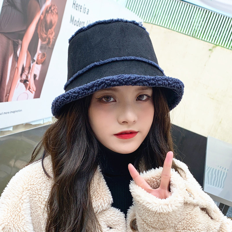 Day Family Autumn Winter Suede suede fisherman hat Han version 100 lap warm hat lambs wool cover thickened pelvic hat woman