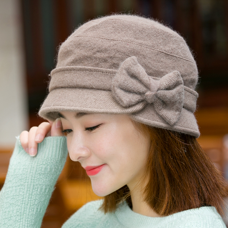 Fisherman hat lady autumn winter bow bonsit hat wool rabbit hair blend knitted woolen hat warm beret