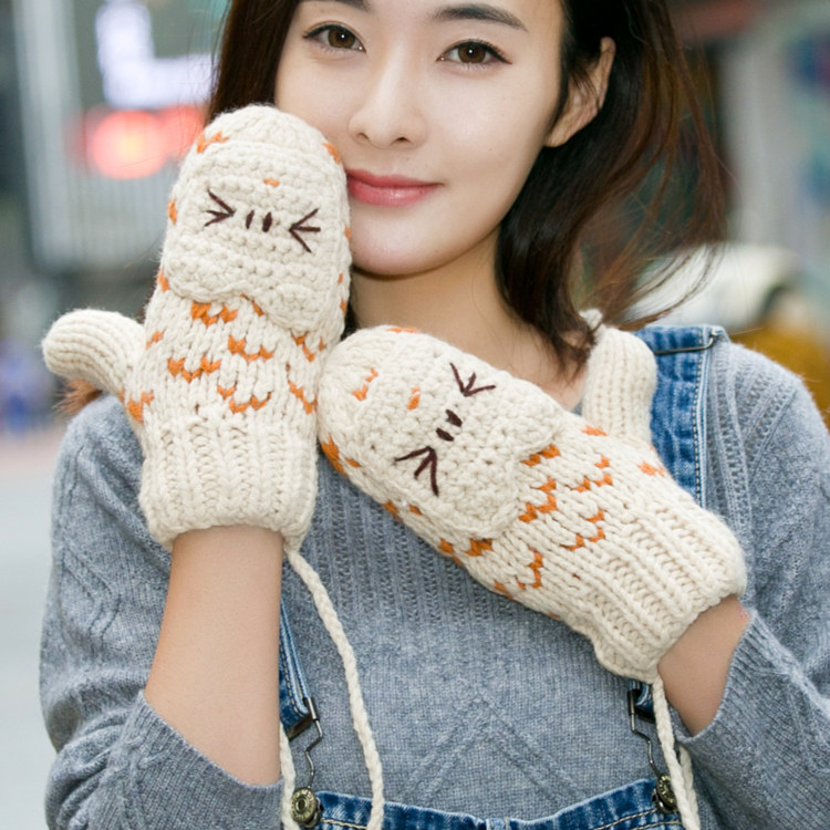 Winter Lady Cute Korean Version Autumn Winter Plus Thick Warm Kitten Wool Cold Knitted Mittens