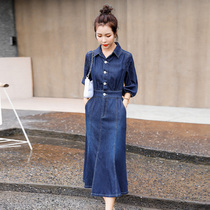 Denim Dress Mid Dress Mid woman 2022 Spring new Korean version 70% sleeves over knee Early spring collection waist open fork long dress