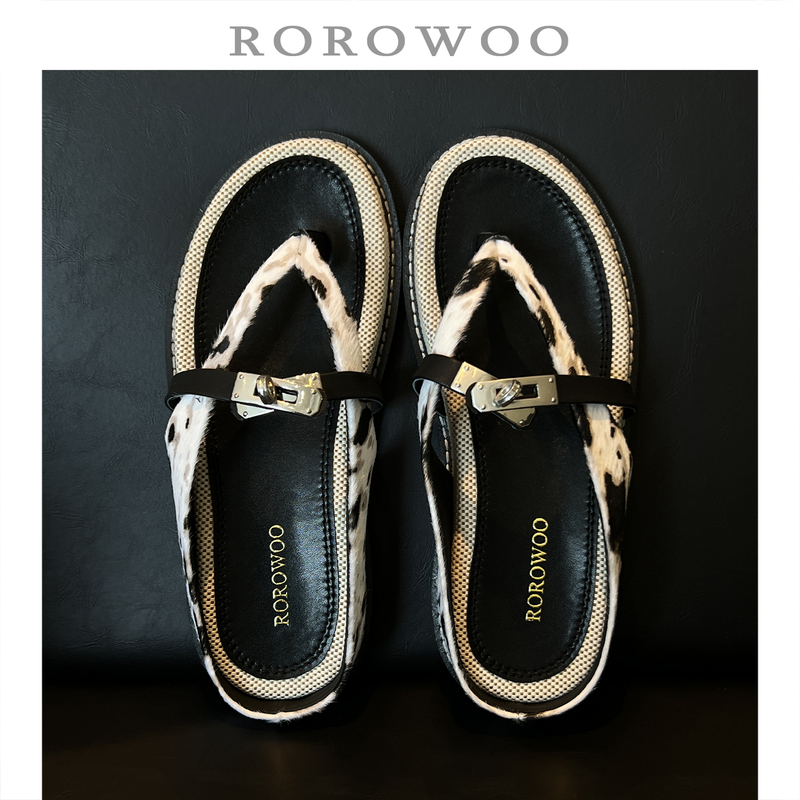 Rao Rao Wu Retro Horsehair Leopard Print Metal Buckle Thong Sandals for Women, Breathable Summer New Model D133