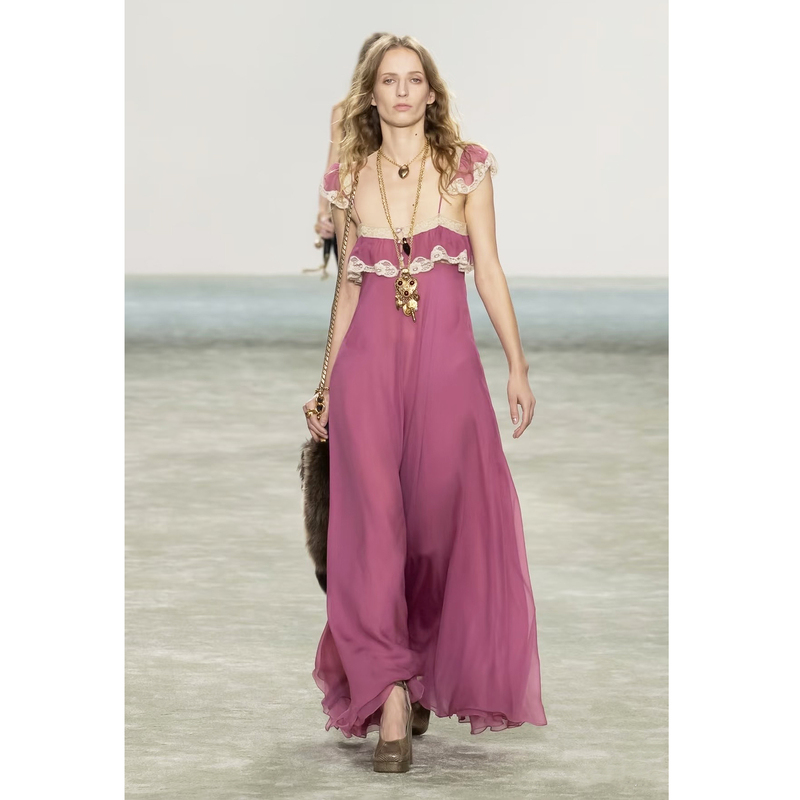Yi Mengling's Same Style Pink Spaghetti Strap Dress with Lace Trim and Flutter Sleeves, Elegant Silk Beach Vacation Dress