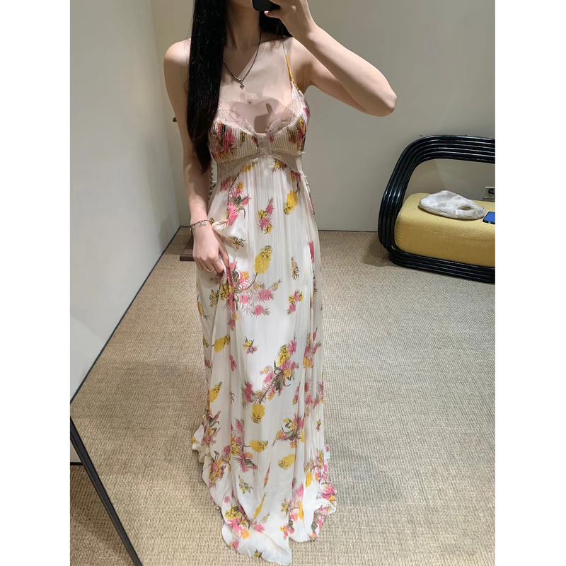 Seaside Resort Style French Retro Sexy Lace Splicing Floral Print Backless Dress