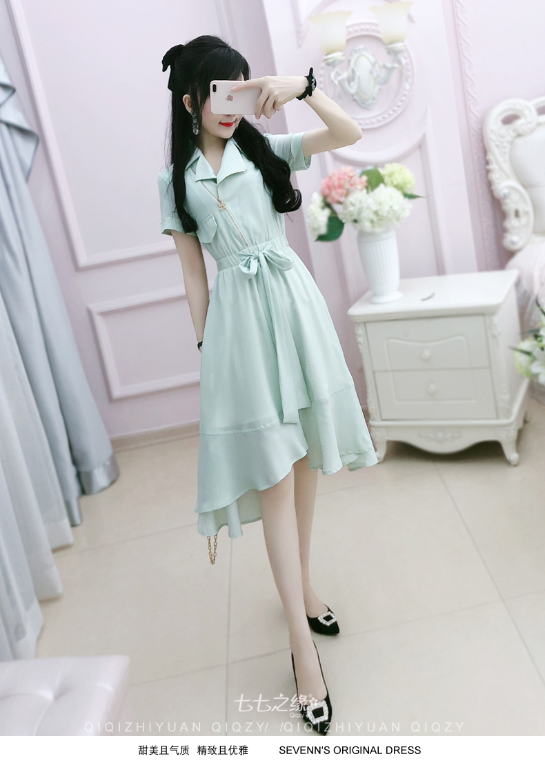 Seven Sevens Edge 2019 Summer New Women Phiên bản Hàn Quốc Màu xanh lá cây Mặt trước ngắn Dây kéo dài Đầm voan - Sản phẩm HOT đầm dự tiệc sang trọng trẻ trung