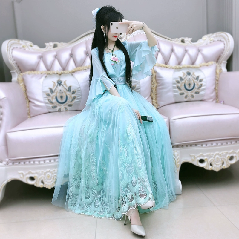 Số phận của bảy bảy Phong cách quốc gia sáng tạo ban đầu Váy mùa hè Phụ nữ mới Màu xanh lá cây Công nghiệp nặng Thêu có tính khí Váy dài - váy đầm
