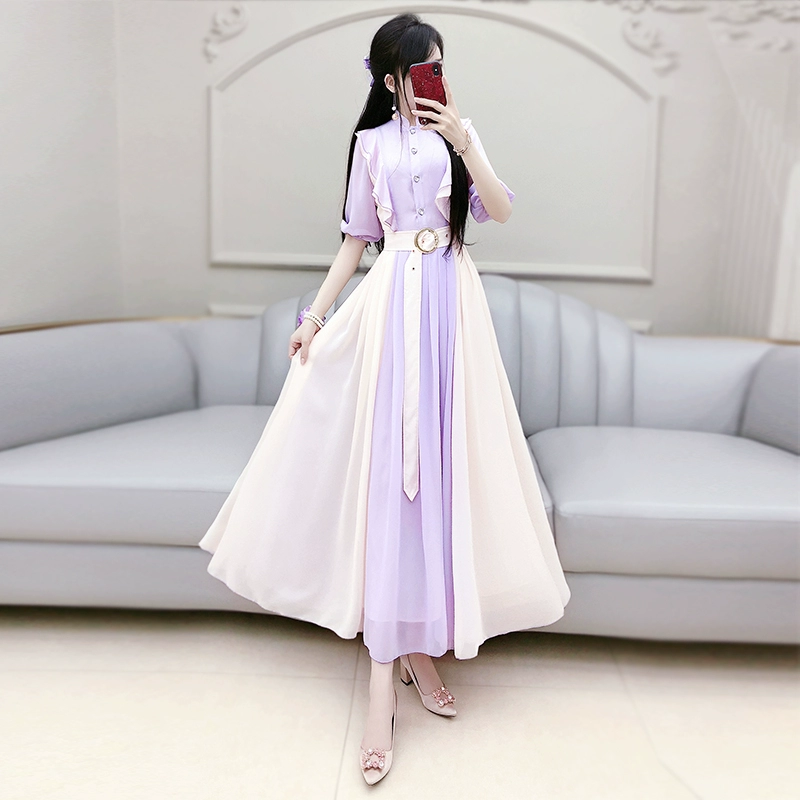 Qiqizhiyuan mùa hè váy mới của phụ nữ màu tím gạo phù hợp với lá sen váy dài voan mỏng - váy đầm