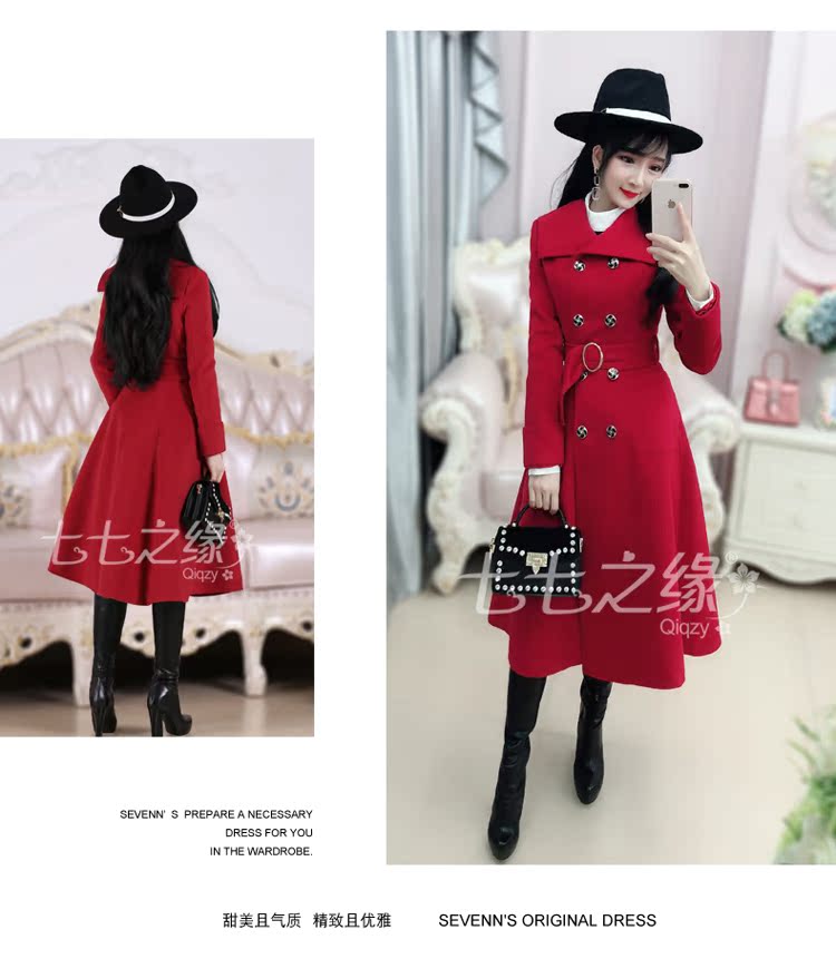 Seven Sevens Edge Winter Phụ nữ mới Áo dài vuông màu đỏ Hàn Quốc Áo len dài vừa phải - Áo Hàn Quốc áo dạ ngắn đẹp và điệu