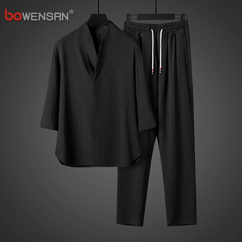 New Chinese-Style Ice Silk Short-Sleeve T-Shirt Men's Summer Set 2026 New V-Neck National Style Three-Quarter Sleeve Hanfu Men's Summer Outfit