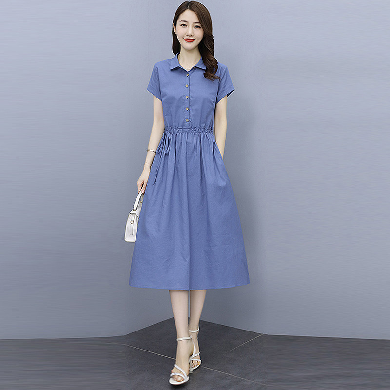 Cotton linen dress Xia 2022 new casual loose large size for short sleeves retro linen A character slim medium long version