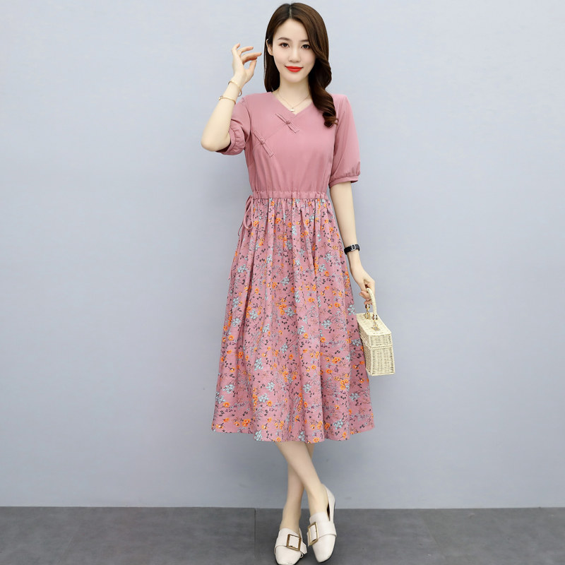 Chopped Cotton Linen Dress Medium Long Version 2022 Summer New Casual V Collar Art Ethnic Wind Splicing Mom Dresses